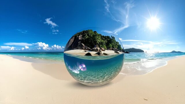 Crystal Ball Reflecting Tropical Island Beach With Turquoise Water Clear Blue Sky And Bright Sunlight On White Sand Beach Panoramic View