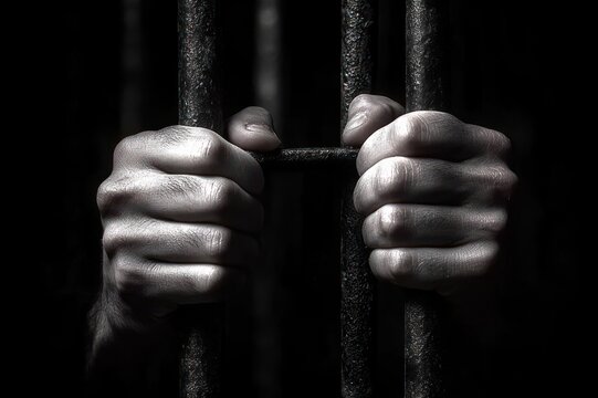 two hands tightly gripping cold metal prison bars, conveying desperation, confinement and struggle