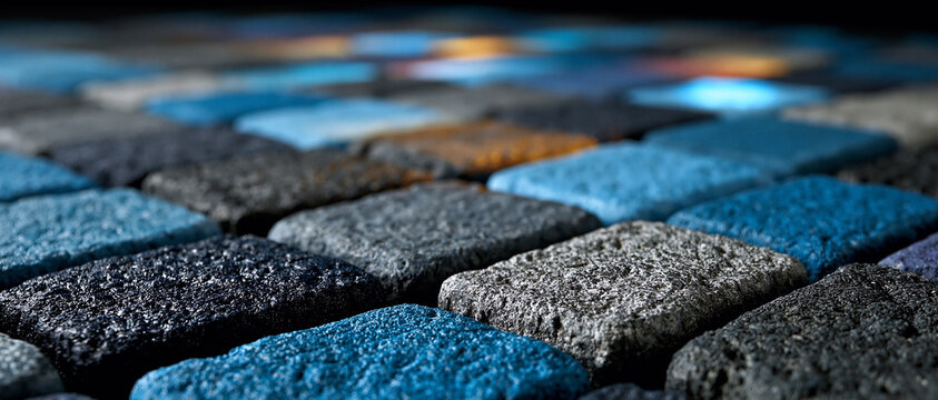Abstract textured blue and grey stone grid background with strong contrast and shallow depth of field, ideal for modern design.