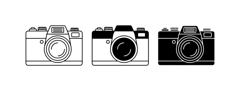 Retro Camera Icons, Vintage Photography Equipment, Classic SLR Cameras, Black and White Vector Graphics