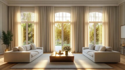 Fototapeta premium Sunlit symmetrical living room with two white sofas facing a low wooden coffee table topped with flowers, arched floor-to-ceiling windows and beige curtains, serene and inviting