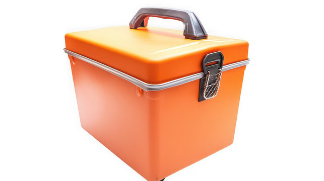 Orange cooler box with handle and latch on white background