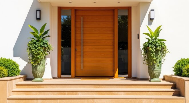 Vista frontal de la entrada principal de una casa moderna con puerta de madera, escalones de piedra, plantas decorativas y luz natural, elegante, jardin delantero, diseno
