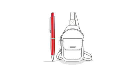 Fototapeta premium Sling bag and red pen line art illustration.