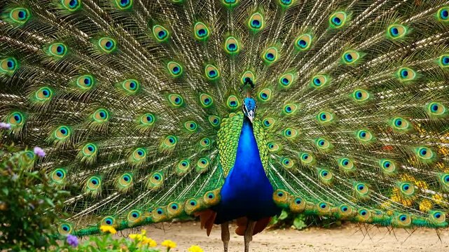 Majestic peacock displaying vibrant emerald green and iridescent blue plumage in full fan spread natural wildlife shot showcasing intricate eye feather details against lush green grassy field