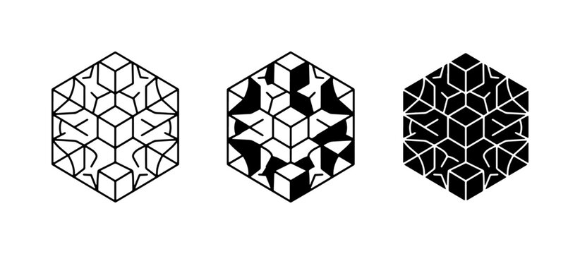 Geometric Cube Patterns, Hexagonal Abstract Designs, Vector Icons, Black and White