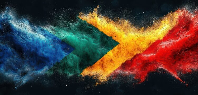 four vivid clouds of blue, green, yellow and red powder forming dynamic arrowlike bursts colliding on a dark background, conveying energetic motion and intensity