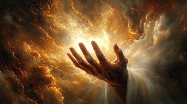 outstretched robed hand reaching from radiant golden clouds into intense light, evoking awe and hopeful wonder