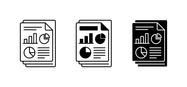 Business report icons with data charts, financial document vector set, analytics paper symbols