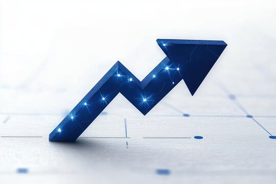 3d blue zigzag arrow with glowing network nodes on light grid background indicating upward growth and optimistic momentum