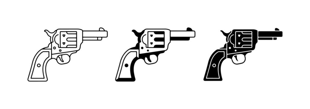 Vintage revolver pistol icons set, western handgun vector illustrations, 3 classic firearm signs