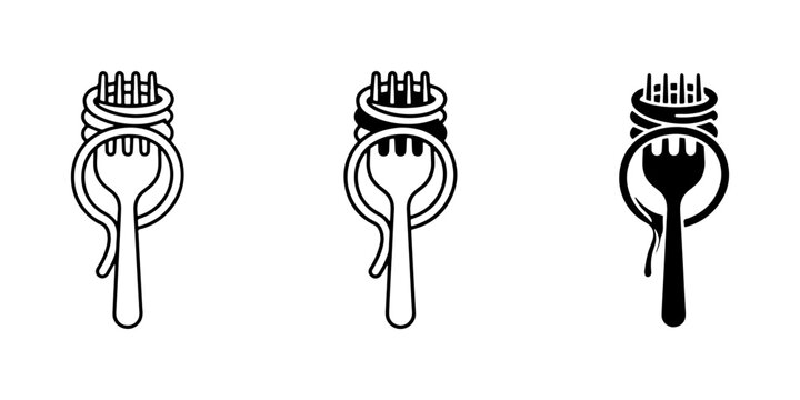 Minimalist spaghetti fork icons, pasta noodle swirl logo set, black and white vector food symbols