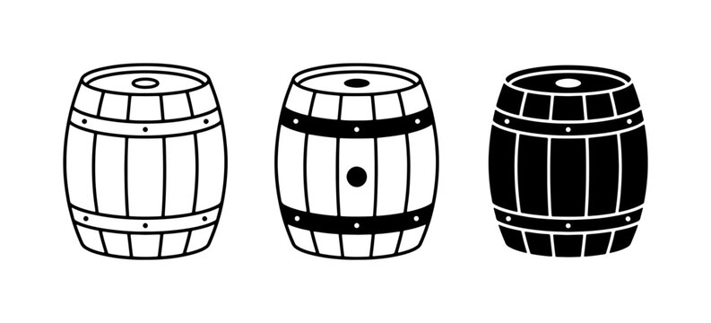 Vintage wooden barrel icons, rustic oak keg vector set, black and white brewery cask illustrations