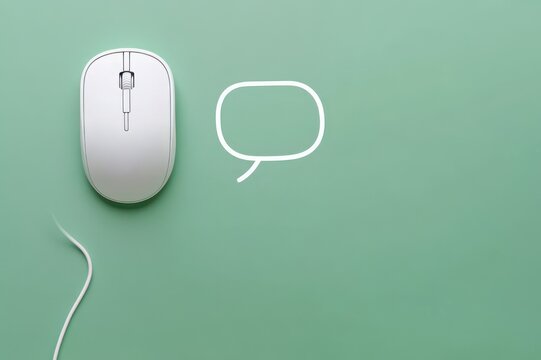 white wired computer mouse with trailing cable beside a hand-drawn speech bubble on a mint green background conveying playful digital communication and minimal design