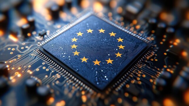 Close-up of a microchip on a motherboard bearing a circular ring of golden stars with glowing circuit traces and bokeh lights conveying futuristic secure connectivity