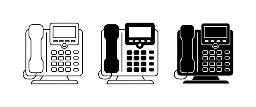 Office telephone icon set, landline phone vector illustrations, black and white desk phone icons