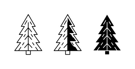 Obraz premium Three Stylized Pine Tree Icons, Vector Graphics. Simple Evergreen Forest Symbols, Outline and Silhouette Designs for Winter and Nature Themes.