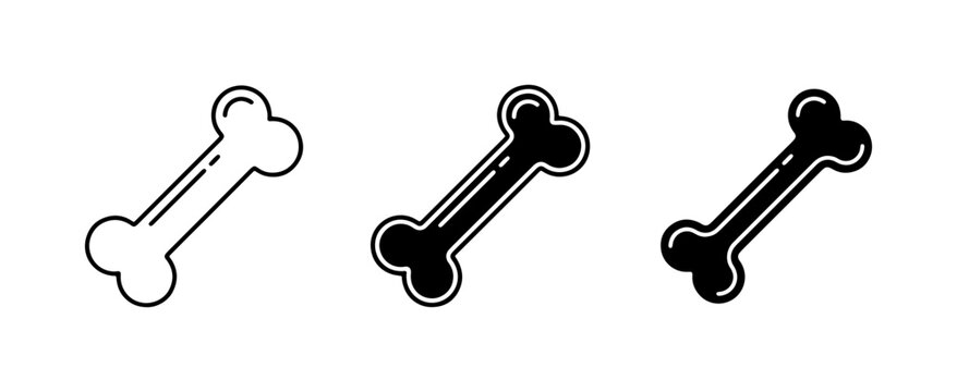 Dog bone icon set, black and white pet food symbols, minimalist animal treat vector illustrations