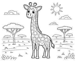 Fototapeta premium giraffe in the park Giraffe standing in savanna vector line drawing illustration with trees and birds