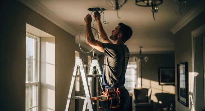 Electrician working on ceiling light fixture installation with ladder.