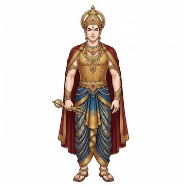 Ornate illustration of Lord Indra the Hindu king of gods holding a vajra weapon isolated on white background