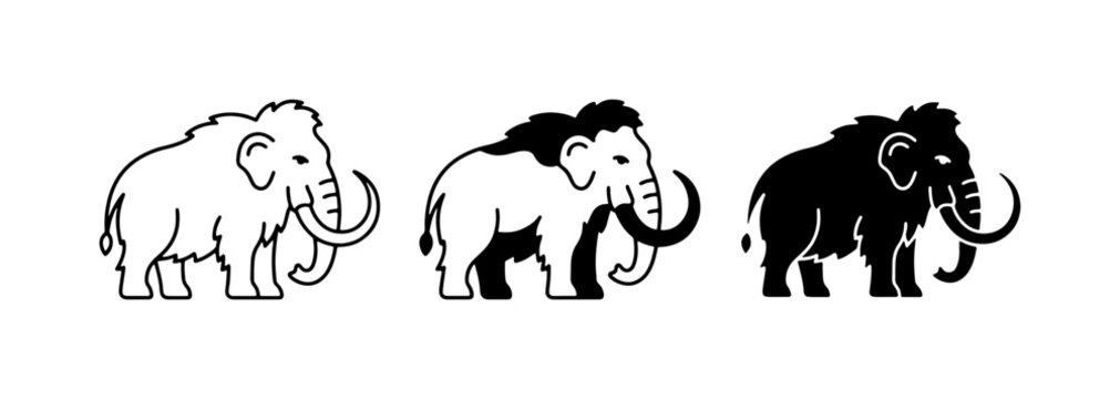 Mammoth Icons Set, Prehistoric Animal Vector Graphics, Ancient Mammal Illustrations, Ice Age Creature Silhouettes