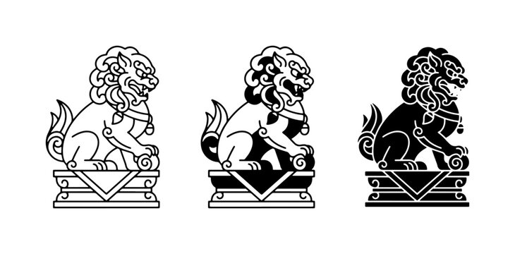 Foo Dog Statues, Guardian Lions, Mythical Creatures, Vector Icons, Black and White, Asian Culture, Protective Symbols