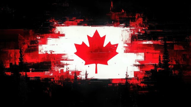 grunge red maple leaf on a distressed red and white flag with dark pine tree silhouettes, bold patriotic and gritty mood