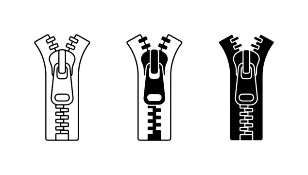 Zipper Icons Set, Clothing Fastener Vector Graphics, Black and White Closure Elements