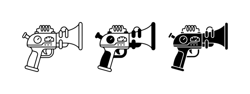 Retro Sci-Fi Ray Gun Icons, Vintage Futuristic Weapon Illustrations, Classic Space Blaster Vector Set