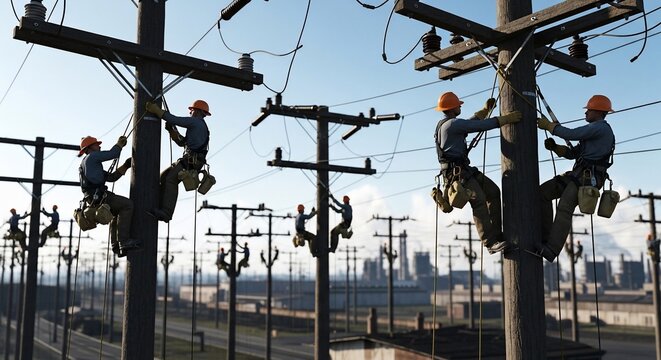 Linemen in orange helmets and safety harnesses work on utility poles, maintaining electrical infrastructure against a cityscape backdrop.