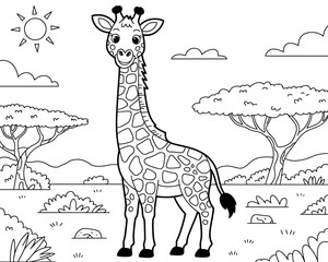 Fototapeta premium Giraffe standing in savanna vector line drawing illustration with trees and birds