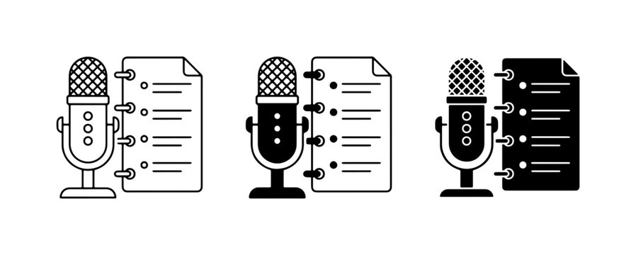 Podcast Microphone Icons, Audio Recording Script Set, Broadcast Equipment Graphics