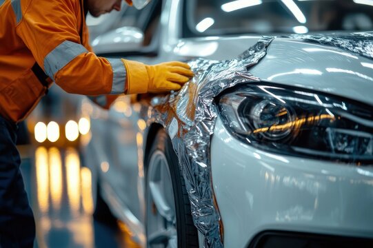 auto technician carefully applies protective vinyl film to white car front fender and headlight in brightly lit workshop, focused and meticulous
