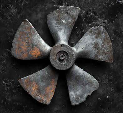 weathered corroded five-blade metal fan with chipped rusty blades on dark textured surface, evoking decay and industrial nostalgia