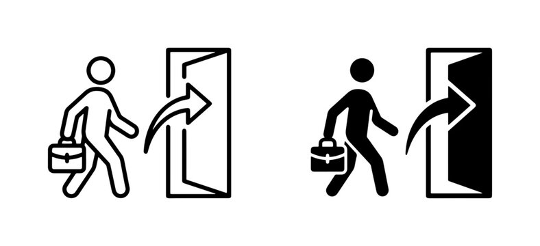 Business Man Exiting Doorway, Leaving Office Icon Set, Career Change Symbol