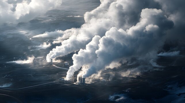 Aerial Geothermal Plant Steam Clouds Dark Volcanic Landscape Wid