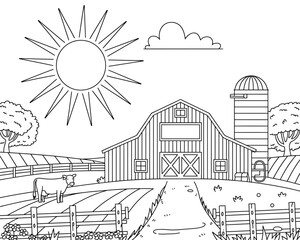 Fototapeta premium Vector illustration of farm scene with animals and buildings in line art style