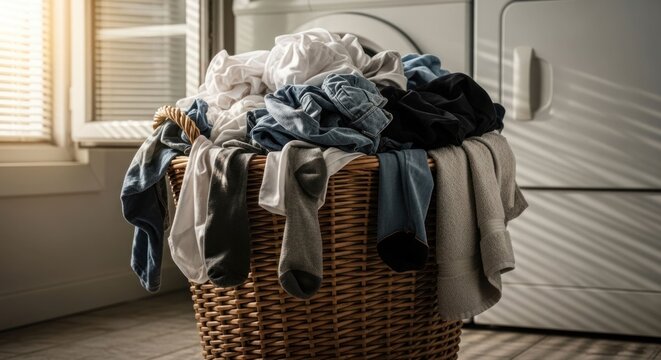 Full Laundry Basket Overflowing with Clothes Next to Washing Machine.