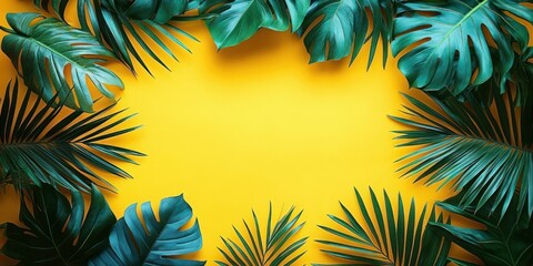 tropical green palm and monstera leaves framing a bright yellow background conveying a cheerful summer vibe © Olya