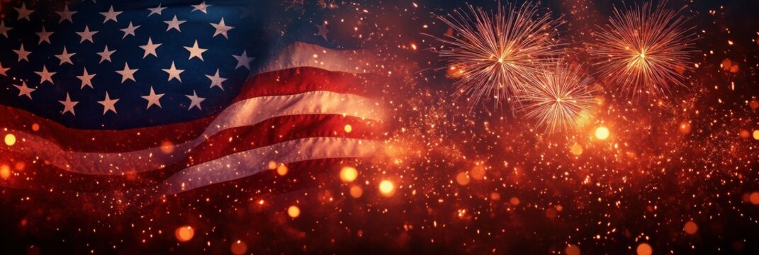 Waving American flag with bright fireworks and glowing sparks, triumphant festive night celebration