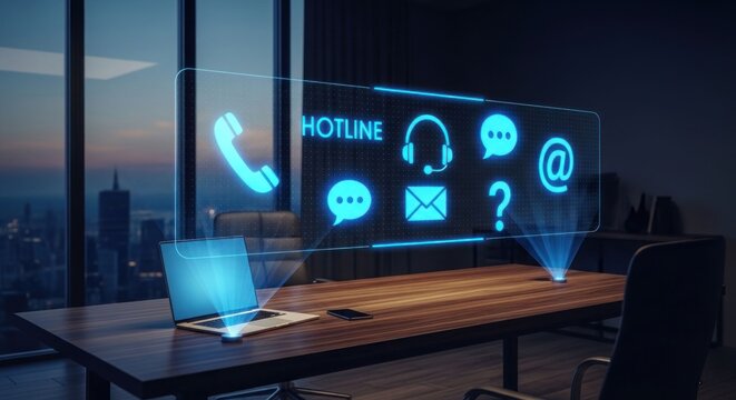 Futuristic Holographic Hotline Interface Displayed on Office Desk with Laptop.