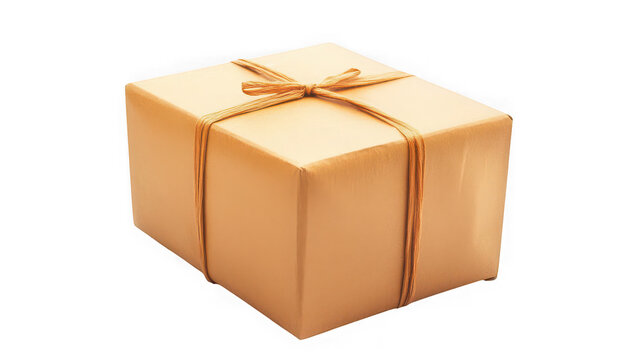 Gift wrapped in brown paper and tied with twine on white background