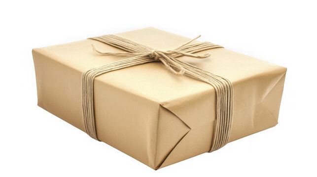 Gift wrapped in brown paper and twine on white background