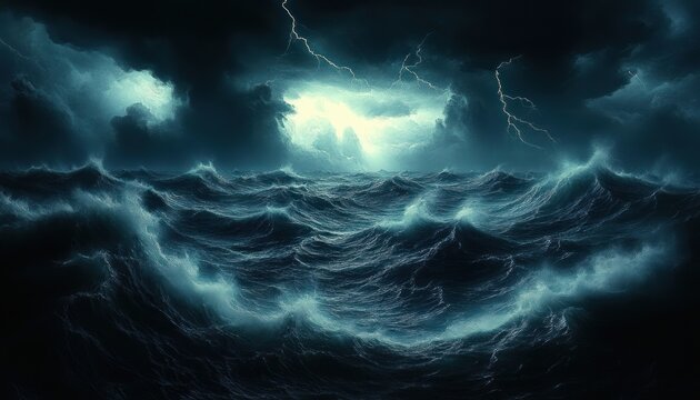 dark stormy ocean with towering cresting waves under thunderous clouds and streaks of lightning, dramatic and foreboding atmosphere