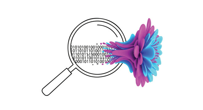 Magnifying glass reveals colorful fractal pattern on screen