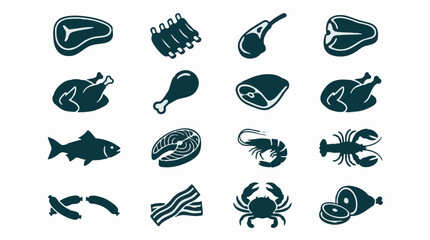 Collection of various meat and seafood vector icons on white background © RAIXEL