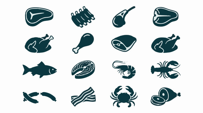 Collection of various meat and seafood vector icons on white background