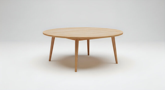 Modern round dining table with light wood finish on white background