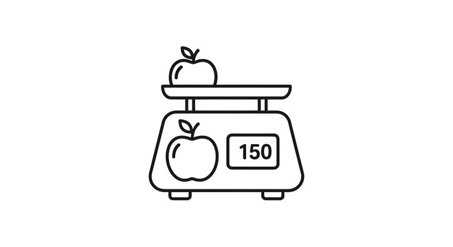 Line art icon of a kitchen scale with apples and a digital display showing 150